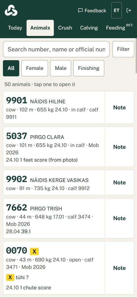 Kari on the phone: the animal list of the demo herd, each animal with age, last weight, pregnancy and calf